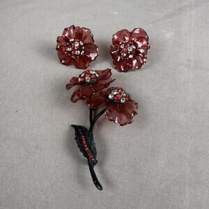 Vintage Vendome Acrylic Red Lucite Flower Brooch Rhinestones Matching Earrings